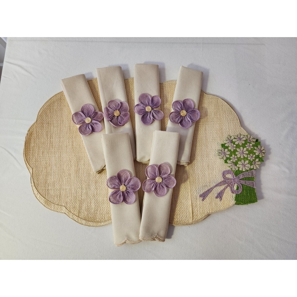 VTG NOS Embroidered Woven Straw Scalloped Placemats Napkins Purple Flowers READ